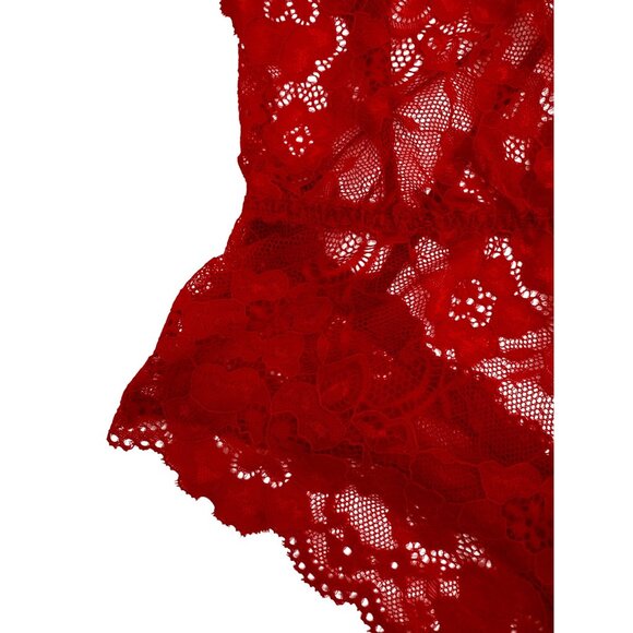 Red Lace V-Neck Strappy Back Thong Croquette Devilcore Bodysuit Lingerie - Picture 10 of 12